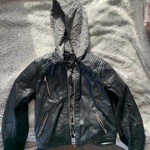 Faux leather jacket with detachable sweater hood
